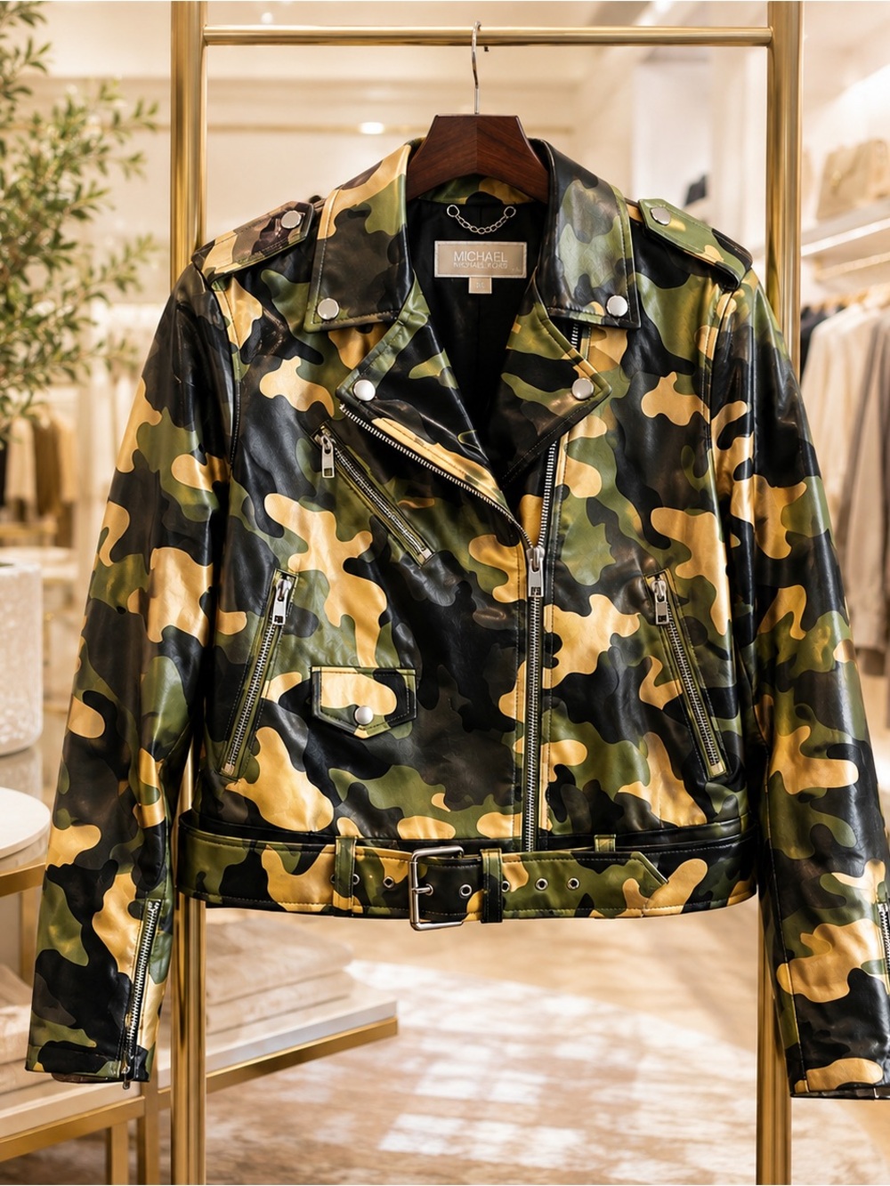 Michael Kors Camo Lamb Leather Moto Jacket Belted L